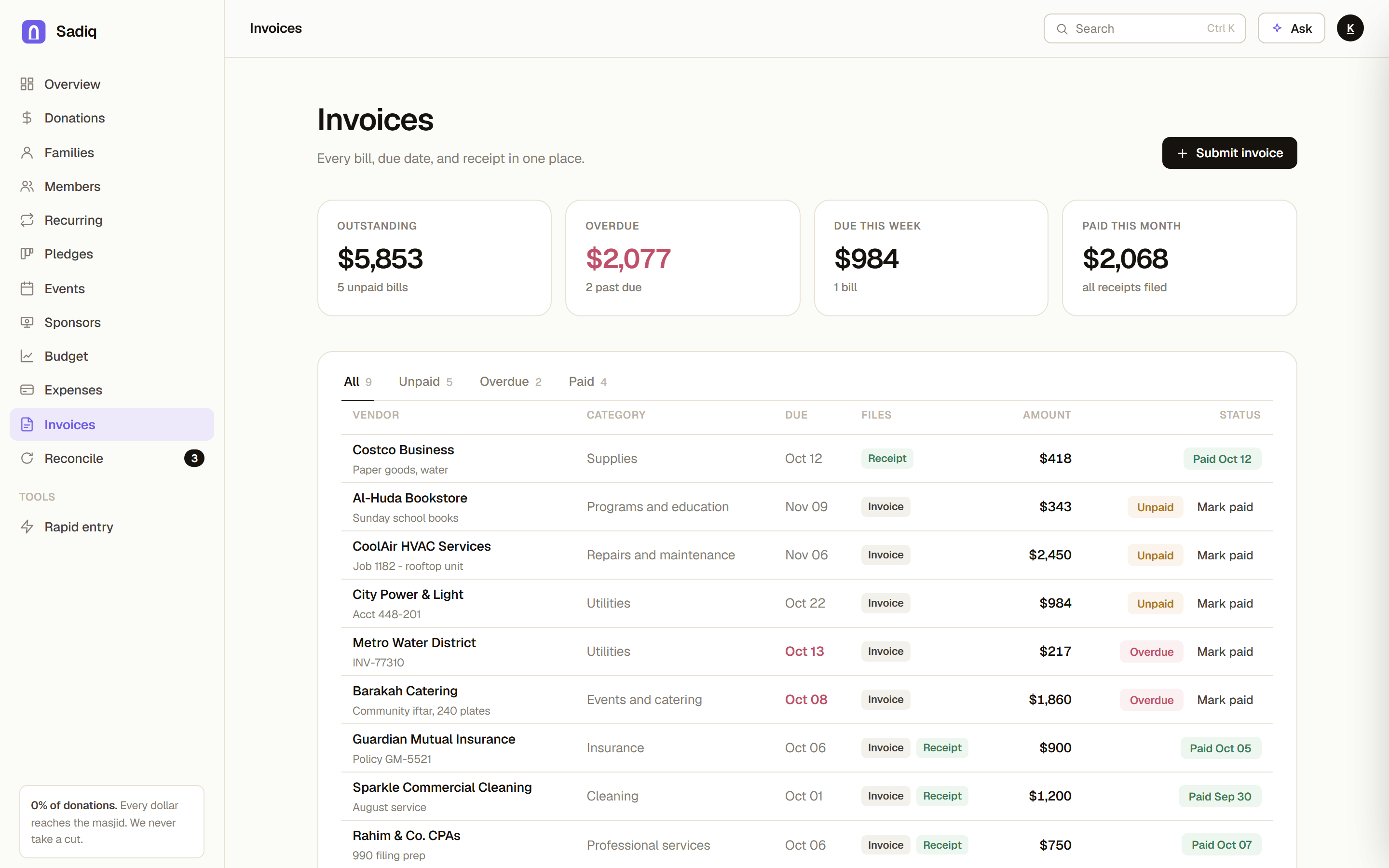 Sadiq invoices screen
